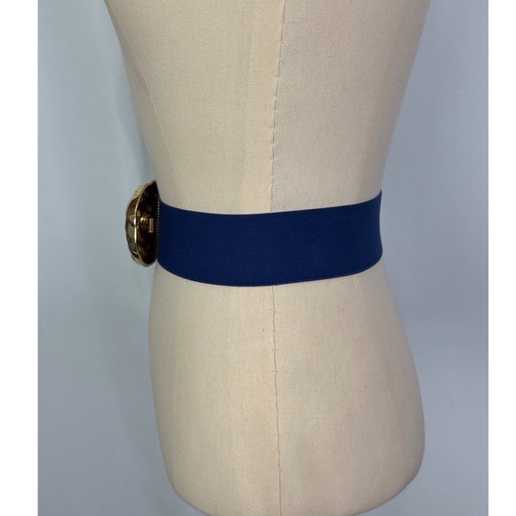 Vintage 1985 Pearl Blue Elastic Cinch Belt Gold Swirl Buckle Medium 26-28 Waist - Picture 4 of 12